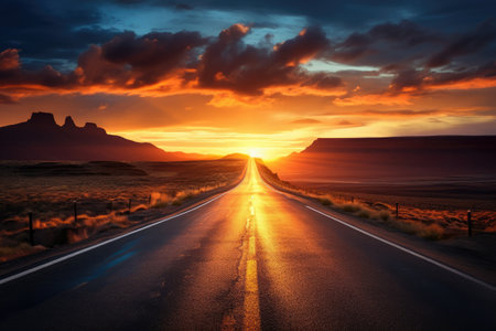 Capture the breathtaking beauty of an endless journey with a long road and a mesmerizing sunset in the background, An open road that disappears into a stunningly beautiful sunrise, AI Generatedの素材