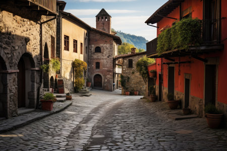 A mesmerizing view of a quaint cobblestone street with a captivating clock tower standing tall in the distance, An old, winding, cobblestone street in a small Italian town, AI Generatedの素材