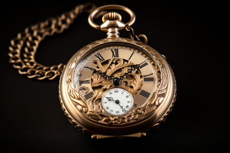 A timeless gold pocket watch encased in an elegant design, complete with a chain for easy carrying, Antique pocket watch with detailed carvings, AI Generatedの素材