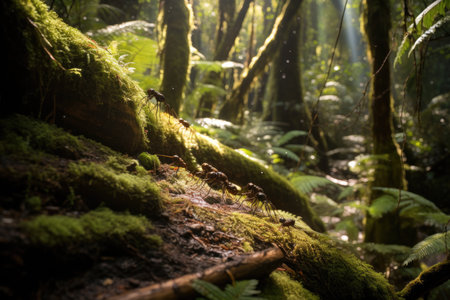 A mesmerizing view of a dense, lush green forest teeming with an array of majestic trees and abundant vegetation, Ants following a pheromone trail in a lush forest, AI Generatedの素材