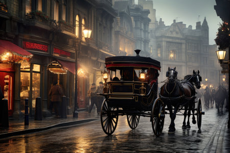 A horse drawn carriage is seen traveling down a bustling city street surrounded by buildings and pedestrians, Antique horse-drawn carriage riding through a city street, AI Generatedの素材