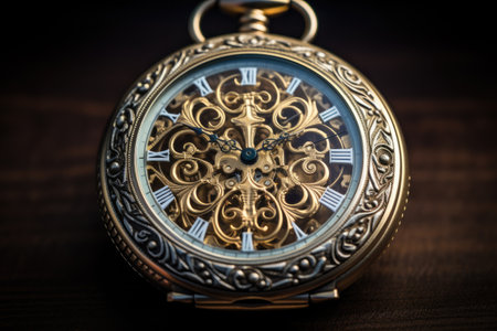 A stunning close-up image of a timeless pocket watch placed on a table, showcasing its intricate design and elegance, Antique pocket watch with detailed carvings, AI Generatedの素材