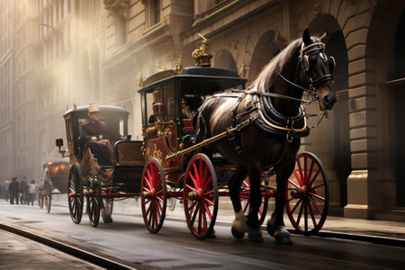 A horse drawn carriage moves along a vibrant city street, offering a glimpse into the past, Antique horse-drawn carriage riding through a city street, AI Generatedの素材