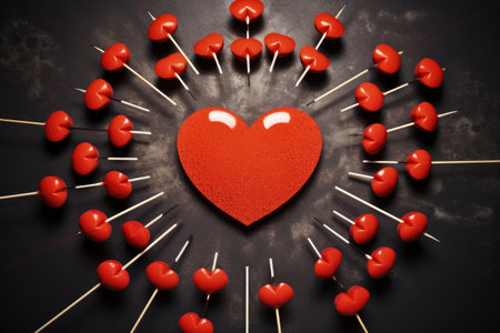 A powerful image capturing a red heart enclosed by numerous sharp pins and needles, portraying love and the need for protection, Arrows forming a heart on an archery target, AI Generatedの素材