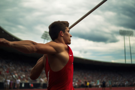 A man stands on top of a grassy field, holding a baseball bat, Athlete about to throw a javelin in an athletic meet, AI Generatedの素材