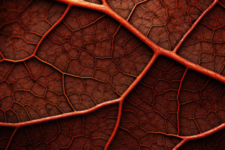 This image provides a detailed close-up view of a single leafs vein, showcasing the intricate patterns and designs in nature, Autumn leaf veins microscopic view, AI Generatedの素材