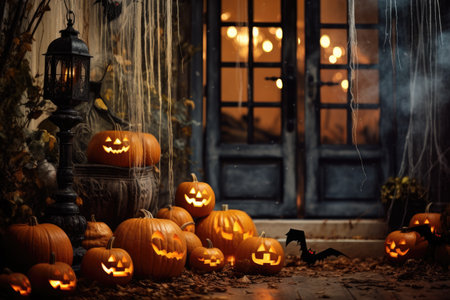 A variety of pumpkins are randomly distributed across the ground in this autumnal scene, Atmospheric house decoration for Halloween with carved pumpkins and cobwebs, AI Generatedの素材
