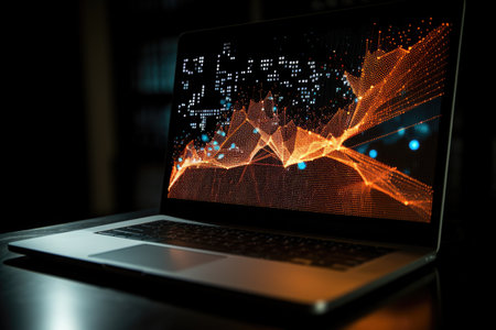 A laptop computer placed on a table in an office setting, representing a workspace for productivity and digital work, Big data visualization projecting from a laptop screen, AI Generatedの素材