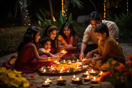 Indian family lighting candles during Diwali festival in the evening, Indian Hindu family gathered together celebrating Diwali in their backyard garden, AI Generatedの素材