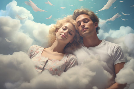 Beautiful young couple in love dreaming about flying in the sky with clouds, A couple dreaming together, depicted as floating on clouds, AI Generatedの素材