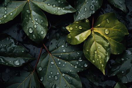 Water drops on green leaves background with copy space for text or design, A damp and slick texture of wet leaves, AI Generatedの素材
