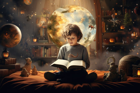 Little boy reading a book in his bedroom. Fairy tale concept, A child's imagination being fuelled by a story from teacher, AI Generatedの素材