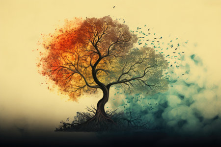 Autumn tree with orange and yellow leaves and birds flying in the sky, Digital abstract illustration of a tree, AI Generatedの素材