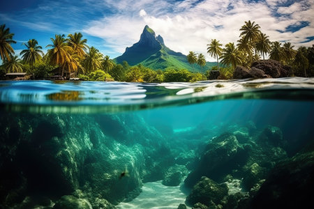 Underwater view of tropical coral reef and sandy beach under water surface, Bora Bora underwater, AI Generatedの素材