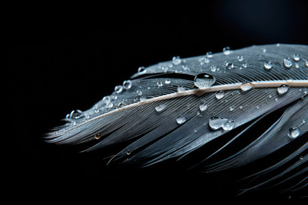 Beautiful color feather with water drops on it isolated on black background, Beautiful feather with water drops on a black background, close-up, AI Generatedの素材