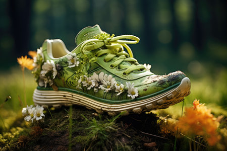 Green sneakers with flowers on a mossy stump in the forest, Environmentally friendly shoes, Running outdoors in nature concept, AI Generatedの素材