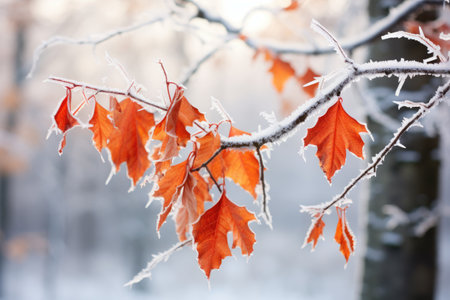 Frosty red oak leaves in winter forest. Natural background, Beautiful frozen branch with orange and yellow maple leaves in the forest, AI Generatedの素材
