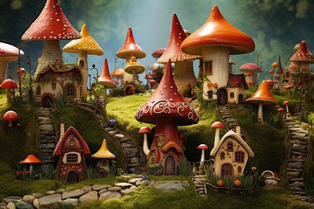 Mushroom garden with houses and trees in the middle of the forest, A delightfully eccentric gnome village set in a mushroom field, AI Generatedの素材