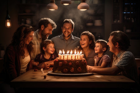 Happy family celebrating birthday with cake and candles in living room at home, A family celebrating a birthday with a homemade cake, AI Generatedの素材