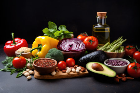 Healthy food background. Assortment of fresh vegetables, legumes and spices on black table, Healthy food for a balanced flexitarian Mediterranean diet concept, AI Generatedの素材