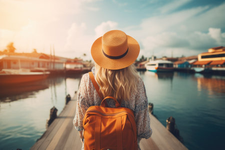 Young woman traveler with orange backpack and hat standing on wooden pier and looking at boats and yachts in the sea. Travel and vacation concept, AI Generatedの素材