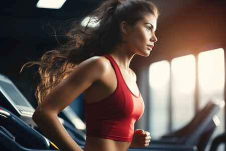 Side view portrait of young sporty woman running on treadmill in gym, A woman running on treadmills at the gym, top section cropped, faces not revealed, with no deformation, AI Generatedの素材