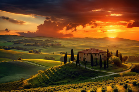 Tuscany landscape at sunset with cypresses and farmhouse, Beautiful sunset over the rolling hills of Tuscany, Italy, AI Generatedの素材
