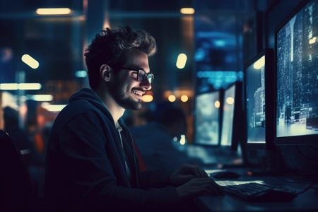 Portrait of a young man working on computer at night in office, A portrait, man, and smile of a programmer on a computer in an office workplace at night, AI Generatedの素材