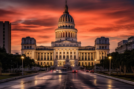 Capitol building in Washington DC at sunset, United States of America, Canada flag and beautiful Canadian landscapes, AI Generatedの素材
