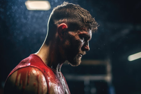 A close-up image of a man wearing a vibrant red shirt, Boxer sweating profusely as he trains in the ring, AI Generatedの素材
