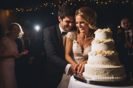 A loving couple commemorates their wedding day by joyfully cutting their wedding cake, Bride and groom cutting their majestic wedding cake, AI Generatedの素材