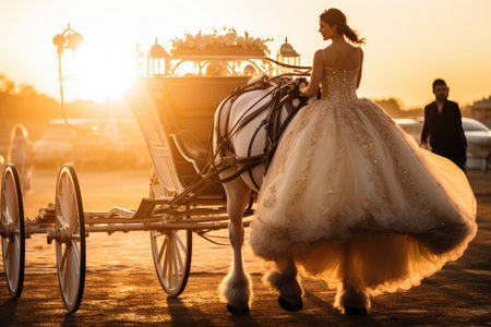 A beautiful woman in a wedding dress enjoys a romantic ride on a horse drawn carriage, Bride's dramatic entrance in a horse-drawn carriage, AI Generatedの素材