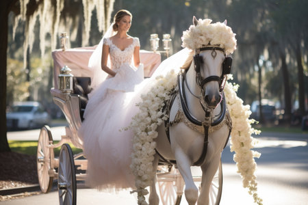 A beautiful bride in her wedding gown enjoys a romantic carriage ride on her special day, Bride's dramatic entrance in a horse-drawn carriage, AI Generatedの素材