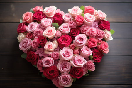 A beautiful arrangement of pink and red roses shaped like a heart, perfect for expressing your love and affection, Bunch of roses arranged in a heart shape, AI Generatedの素材