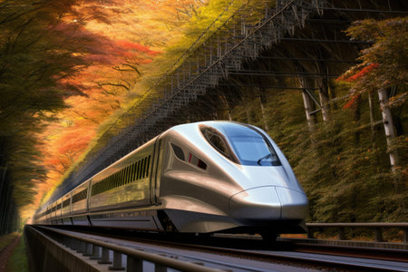 A silver train gracefully moves through a vibrant green forest, surrounded by lush foliage, under a clear blue sky, Bullet train passing through a tunnel in Japan, AI Generatedの素材