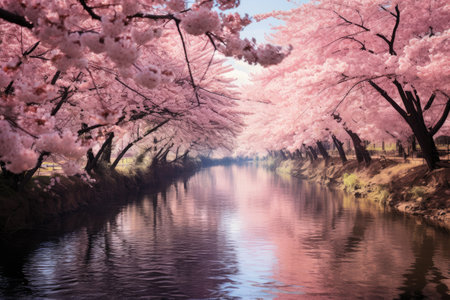 A breathtaking river landscape features a profusion of pink flowers beside magnificent trees, Cherry blossom trees in full bloom along a serene riverÃ¢â¬ï¿½, AI Generatedの素材