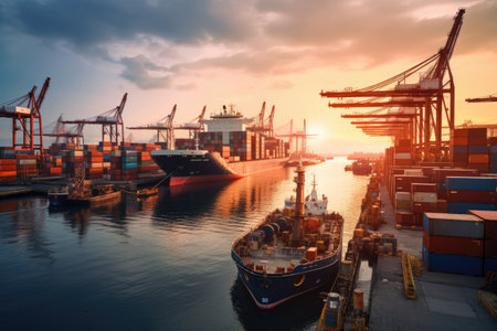 A multitude of boats rides the waters, creating a captivating scene of boating life, Cargo ships docked at a bustling port at sunrise, AI Generatedの素材