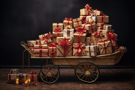 A wagon filled to the brim with an abundance of beautifully wrapped presents, ready to be unwrapped with joy, Charming view of a cart filled with wrapped boxes, AI Generatedの素材