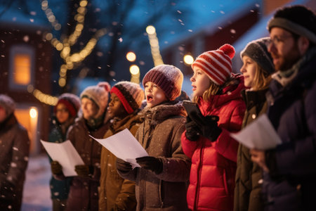 A joyful group of children singing heartily as snowflakes fall around them, Children and adults caroling in a snowy neighborhood for Christmas, AI Generatedの素材