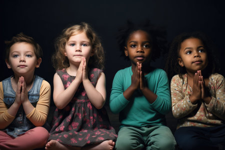 A unified group of children sit together in a row, their hands joined in solidarity, Children learning sign language, AI Generatedの素材