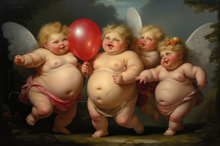 A charming painting capturing the innocence and joy of a group of babies holding a vibrant red balloon, Chubby cherubs carrying a love heart balloon, AI Generatedの素材