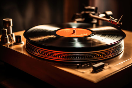 A classic turntable with a record player on top, perfect for playing vinyl records and enjoying timeless music, Classic vinyl record spinning on a vintage turntable, AI Generatedの素材