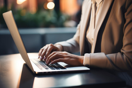 A person diligently types on a laptop computer placed on a table, illustrating productivity in a work-from-home setting, Close-up of a businesswoman using laptop, AI Generatedの素材
