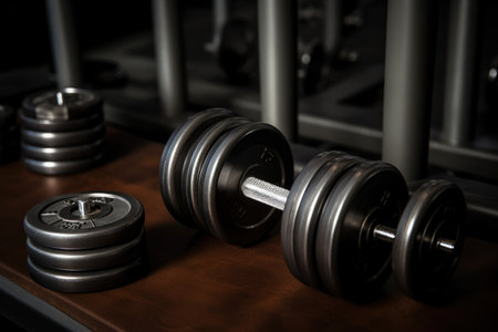 A pair of dumbbells sitting on top of a wooden table, perfect for building strength and enhancing your workout routine, Close-up of dumbbells and fitness equipment, AI Generatedの素材