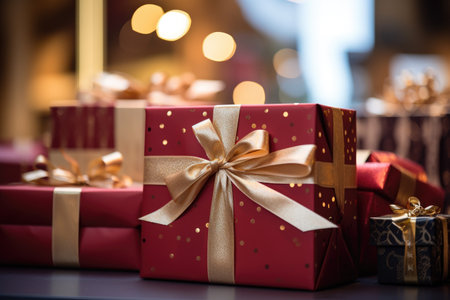 Group of Wrapped Presents on Table Ready for Celebration, Close-up detail of gift-wrapped boxes in varying sizes in a shopping cart, AI Generatedの素材