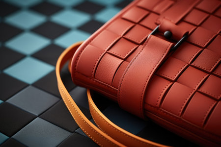 A stylish red purse placed elegantly on a classic black and white checkered floor, Close-up of a yoga mat, blocks, and strap, AI Generatedの素材