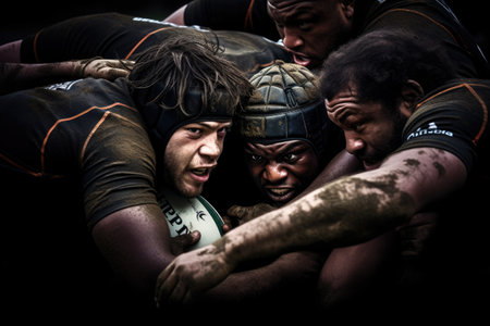 A team of rugby players gather closely together in a huddle, as they strategize and prepare for the game, Close-up of a rugby scrum during a professional match, AI Generatedの素材