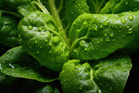 A stunning close-up photograph featuring a vibrant green leafy plant adorned with glistening water droplets, Close-up of water droplets on organic leafy green vegetables, AI Generatedの素材