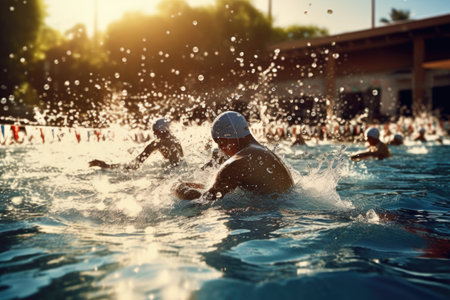 A diverse group of individuals enjoying a refreshing swim in a crystal clear pool under the blue sky, Competitors diving into the pool at a swim race start, AI Generatedの素材