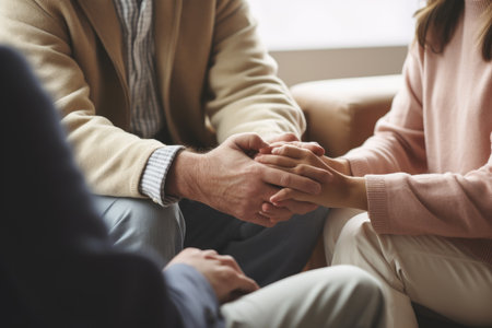 Group of People Sitting on Couch Holding Hands, Couple hold hands to support each other while discussing family issues with a psychiatrist, AI Generatedの素材